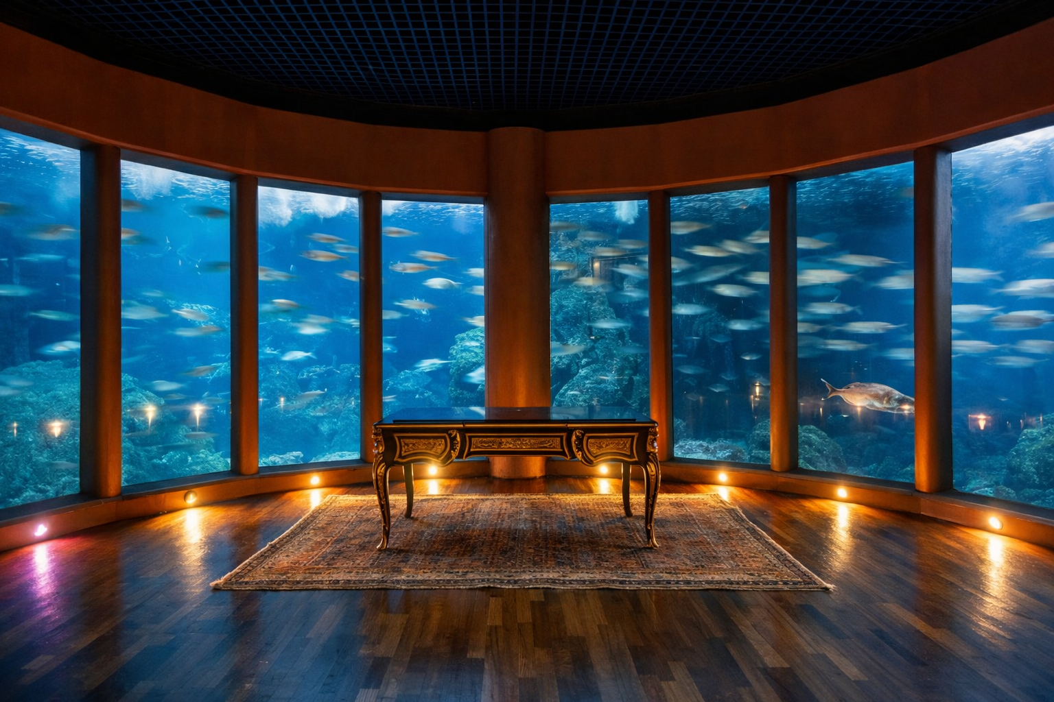 Sub-surface marine aquarium interior showcasing large-format acrylic viewing panels under hydrostatic water pressure integrated into a reinforced concrete retaining framework.